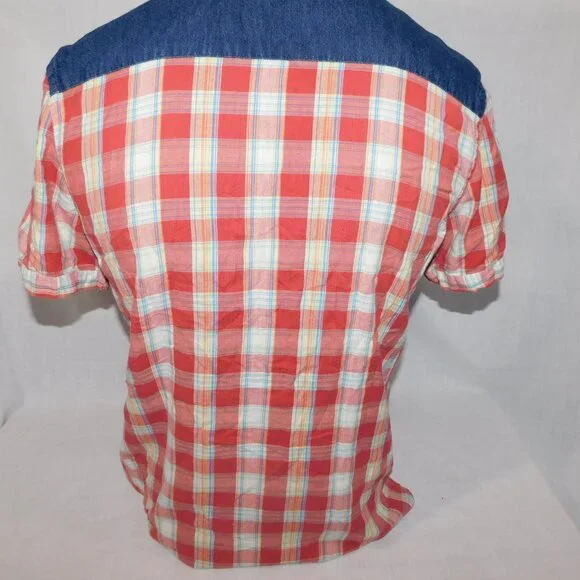 Salt Valley Western Mens M Red Plaid Denim Detail Short Sleeve pearl Snap Shirt - Picture 12 of 12
